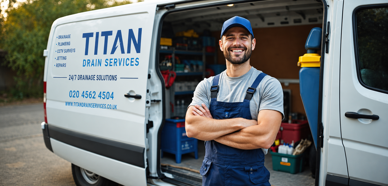 Fleet of Titan Drain Services vans parked outside modern commercial office buildings